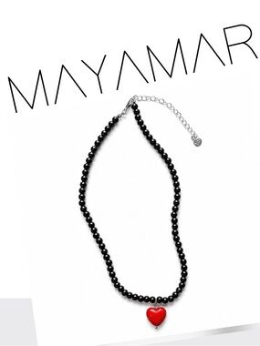 Mayamar statement black bead necklace with red heart